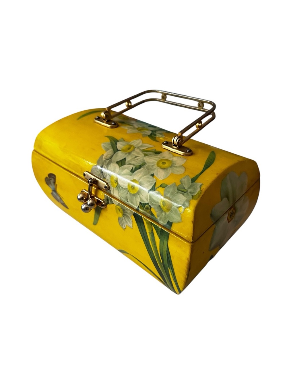 Vintage Wooden Yellow Narcissis Floral Handbag with Gold Handle